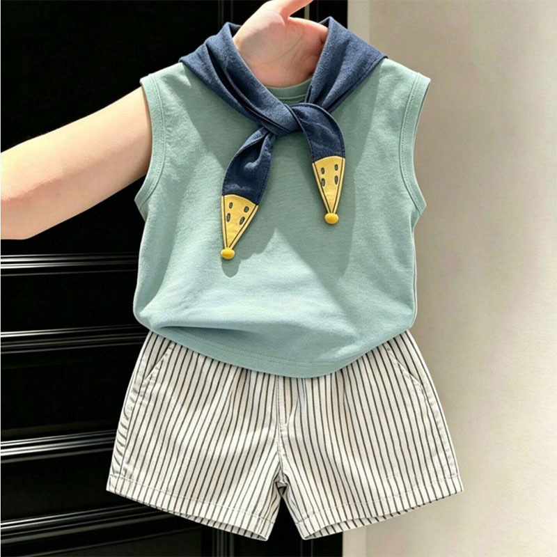 Stylish Color-Blocked Shawl Vest T-Shirt for Boys, Summer Thin Sleeveless Top, Striped Shorts, Casual Two-Piece Set Stylish Color-Blocked Shawl Vest T-Shirt for Boys, Summer Thin Sleeveless Top, Striped Shorts, Casual Two-Piece Set