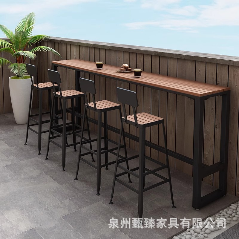 Outdoor Leisure Balcony Wall-Mounted Bar Table and Chair Combination Home Courtyard Anti-Corrosion Long Table Wrought Iron Plastic Wood High Table