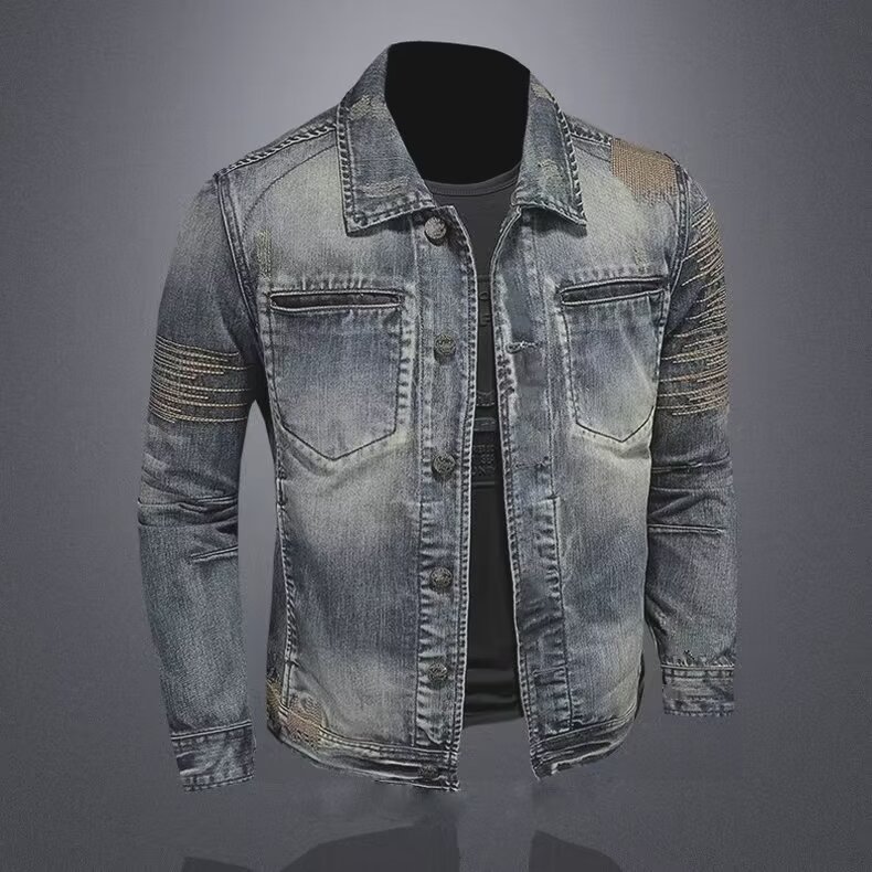 Giacca da uomo slim fit in denim vintage, stile europeo, primavera autunno, di tendenza, casual e con ricami, dal design vintage._voghion.com