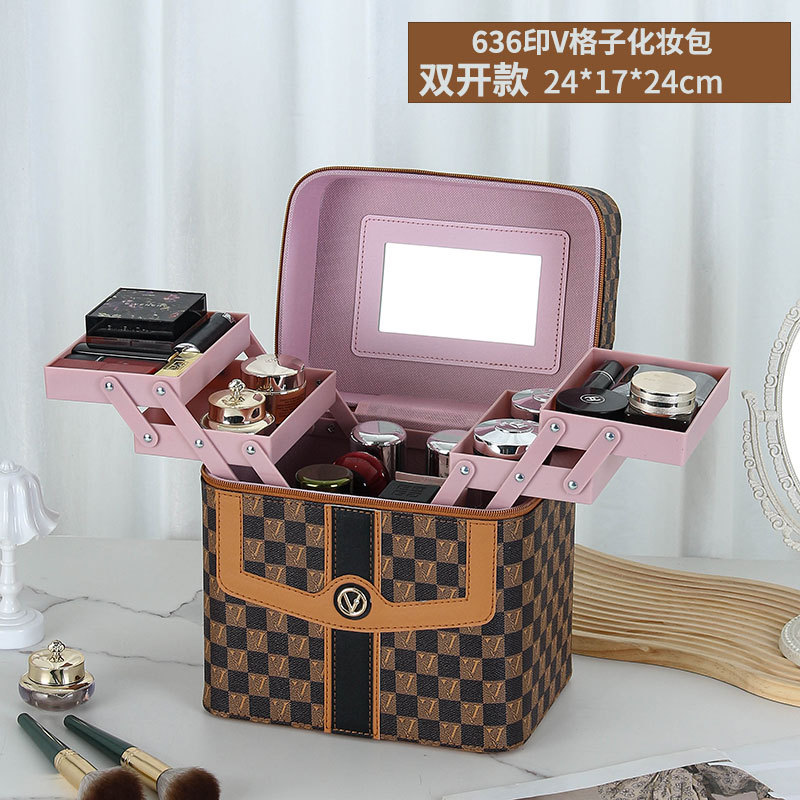 Caja de cosméticos a cuadros en forma de V transfronteriza, bolsa de almacenamiento para el cuidado de la piel portátil, caja de herramientas grande multifuncional portátil de alta gama para mujer