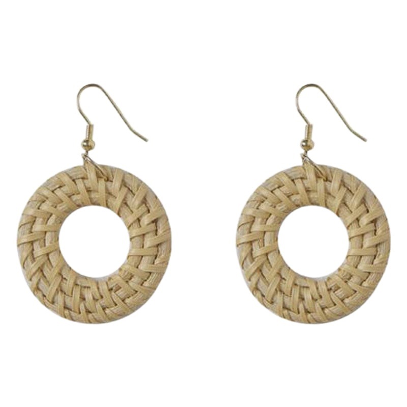 Korean Retro Exaggerated Geometric Round Rattan Earrings Long Vacation Wooden Stitching Bamboo and Rattan Straw Earrings Earrings