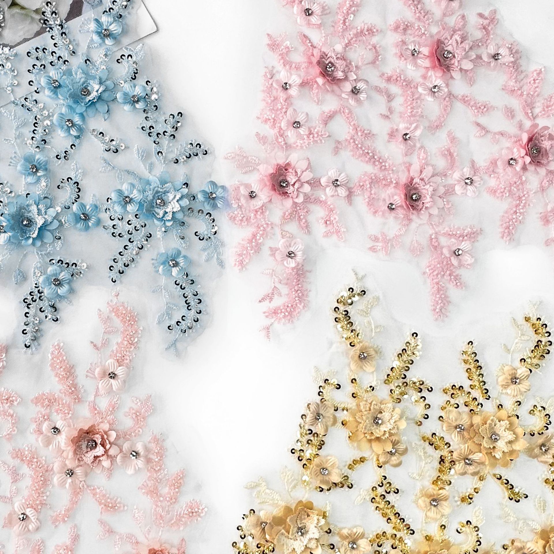 Flores de encaje sequinilla bordado de perlas estereoscópico dulce viento INS decoración hecha a mano DIY vestido de boda tocado parche multicolor
