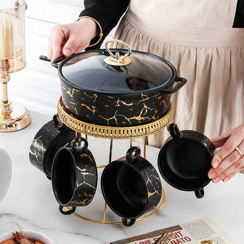 New Nordic ins household double-ear ceramic pot with small bowl creative pot holder with candle holder marble tableware