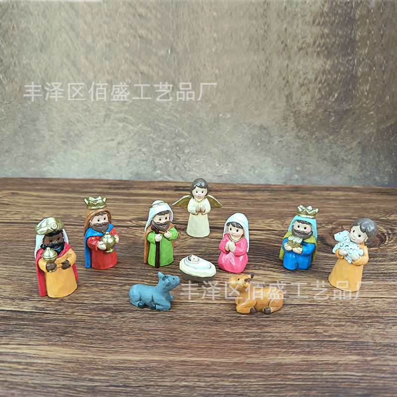 Navidad transfronteriza regalos de nacimiento escena de pesebre decoración imitación de madera resina artesanía decoración para el hogar de vacaciones