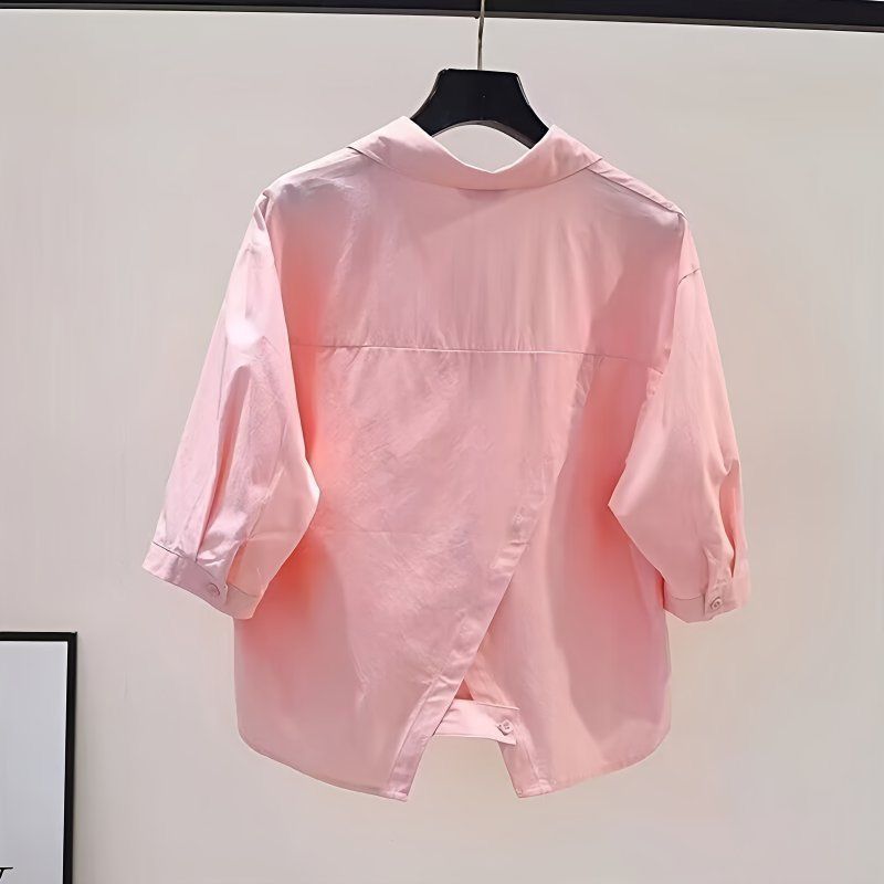 绿色休闲衬衫女夏季小个子上衣polo领五分袖短款后背开叉显瘦衬衣|undefined