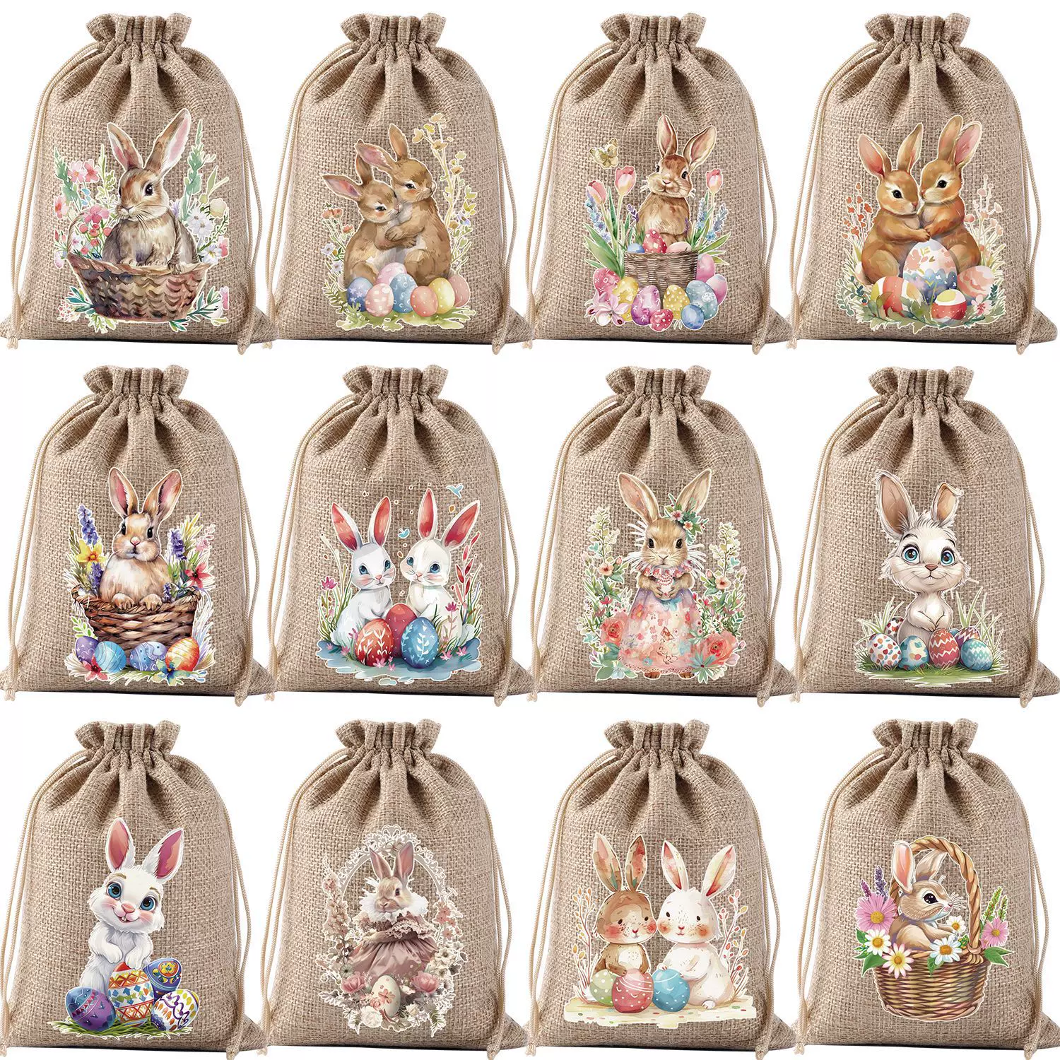 2025复活节棉布抽绳礼品袋兔子耳朵彩蛋糖果袋HAPPY EASTER束口