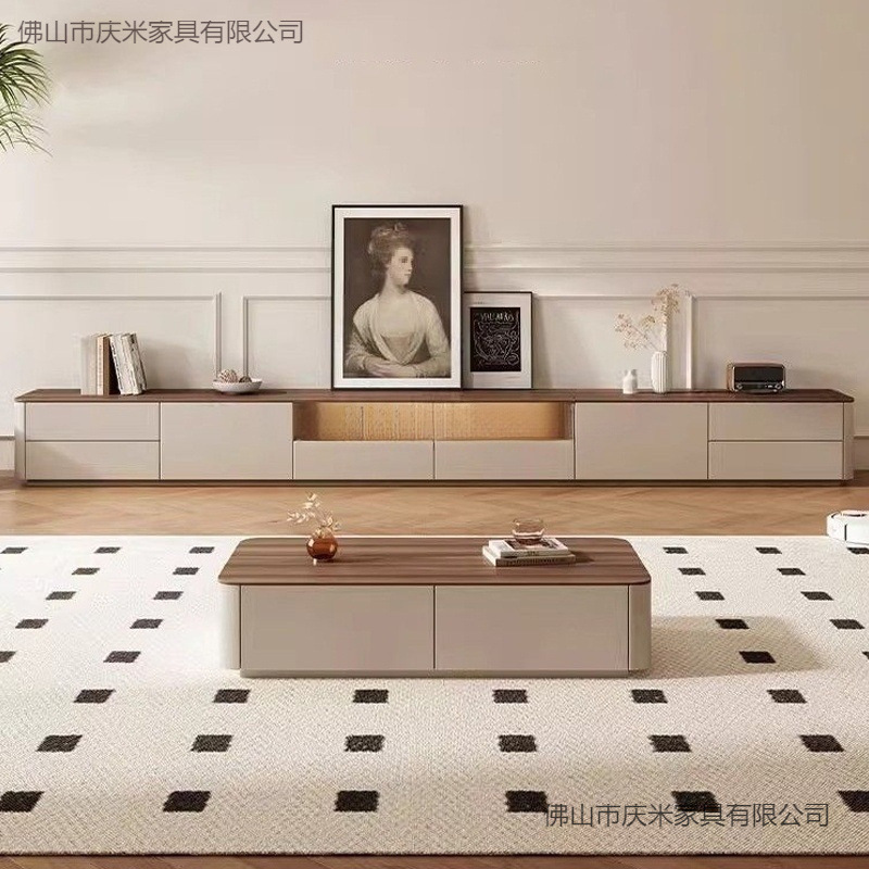 Solid Wood Tv Cabinet Light Luxury Home Living Room 2025 Coffee Table Combination New Small Apartment Floor-Standing Tv Cabinet
