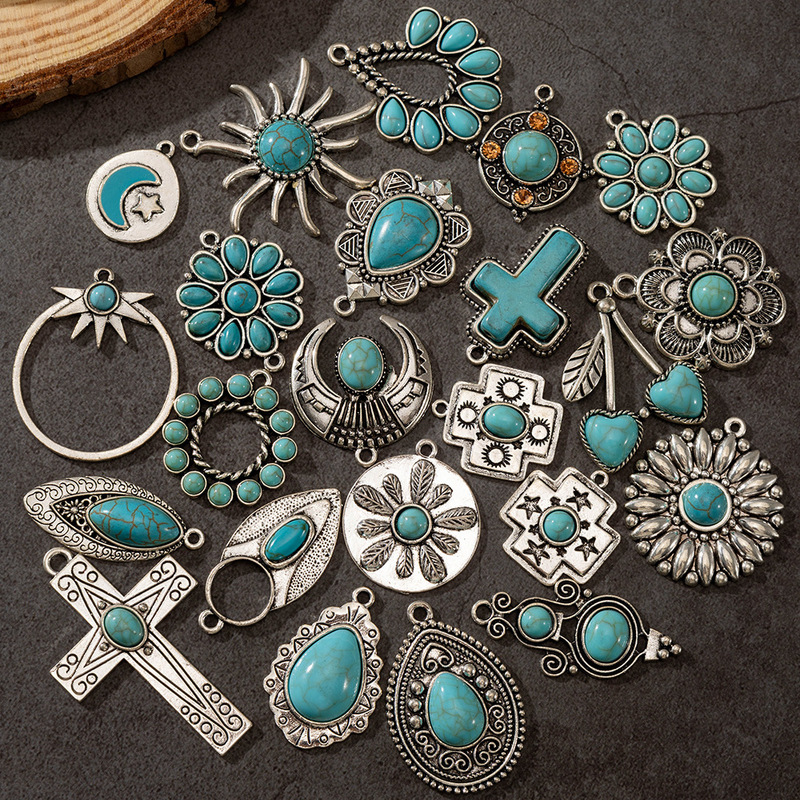 European and American Bohemian style alloy pendants, imitation turquoise sun and moon flower cross pendants, DIY handmade accessories
