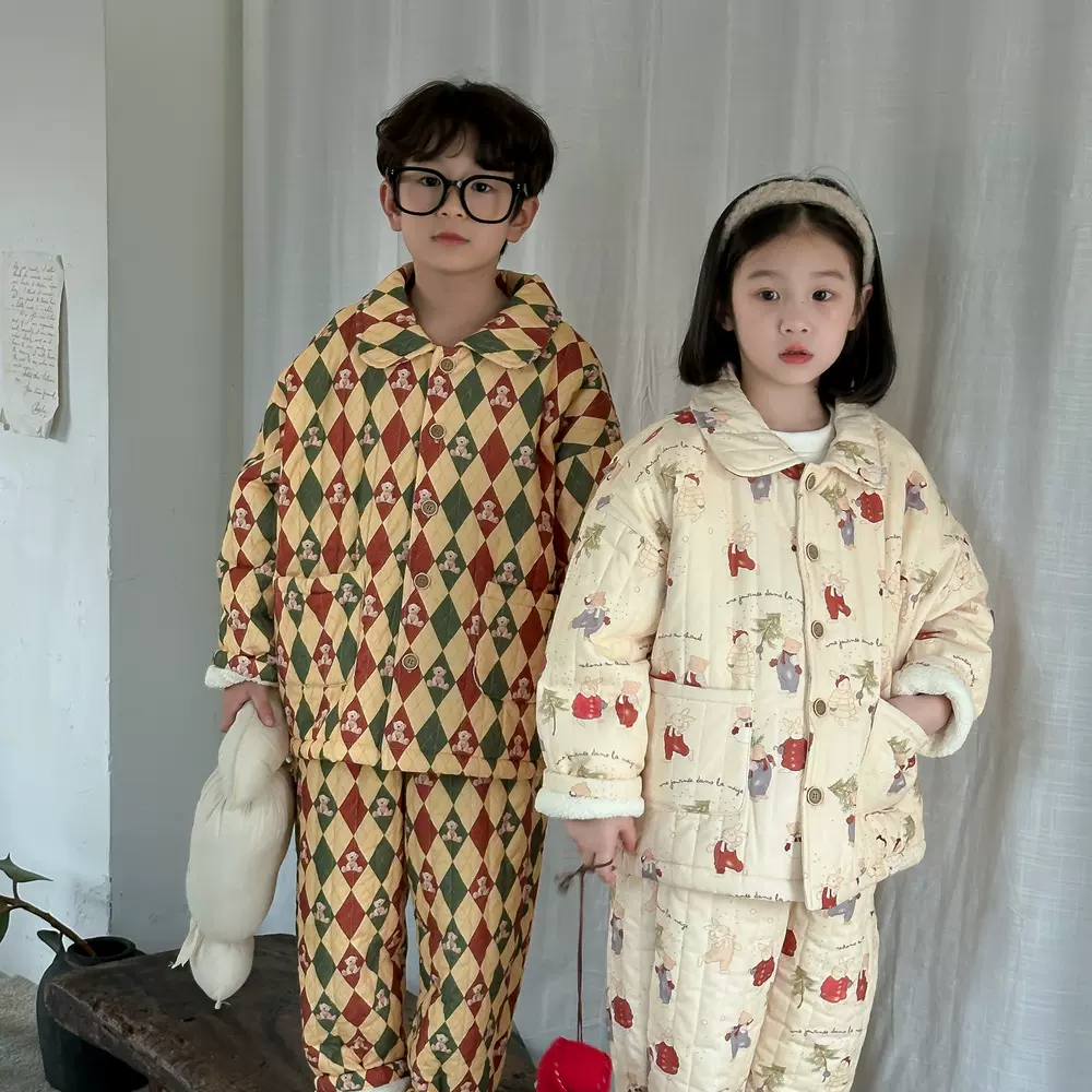童套装2025冬款男女童韩版翻领家居服睡衣套装儿童加厚保暖两件套