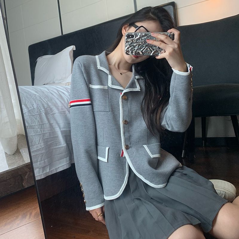 2024 Autumn College Style TB White Edge Striped Knitted Cardigan Sweater Slim-fit Laps Small Suit Short Jacket for Women