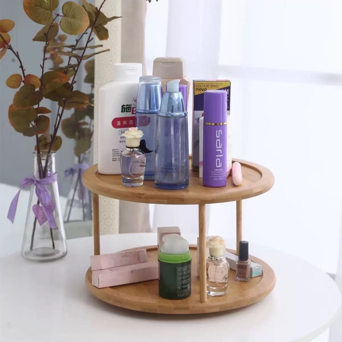 Spot wooden double-layer rotating spice rack desktop cosmetics storage rack bamboo kitchen oil can spice storage rack