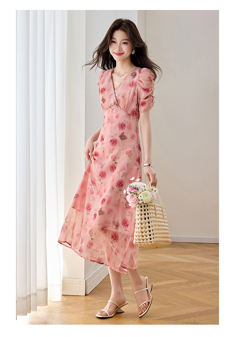 Đầm maxi nữ cổ V thắt eo in hoa dáng dài WA9513 — Hoa hồng chi tiết 14