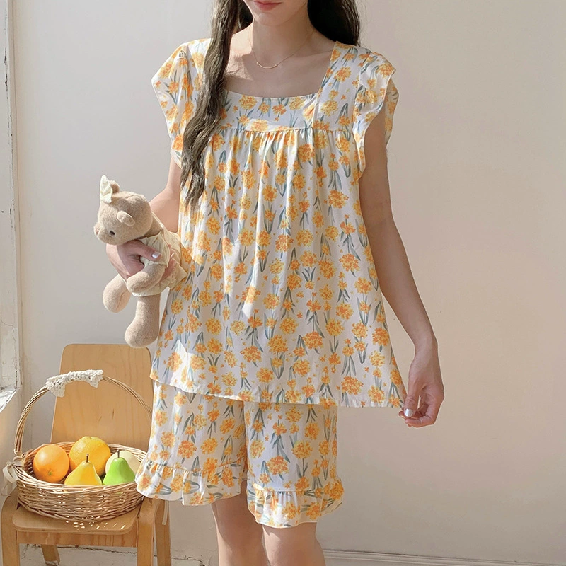 Ночная юбка женский летний тонкий короткий рукав хлопчатобумажный шелковый мультяшный принт шорты пижамы сетка красная живая домашняя одежда большого размера