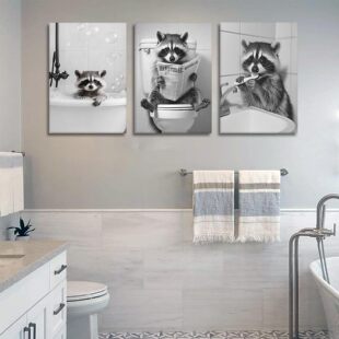 Modern Black and White Animal Raccoon Bathing and Toileting Toilet Bathroom Canvas Decorative Painting Core Frameless Poster