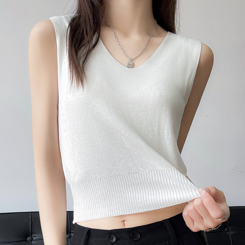 Spring and Summer New V Neck Knitted Camisole Women's Ice Silk Thin Pullover with Pure Color Simple Short Top