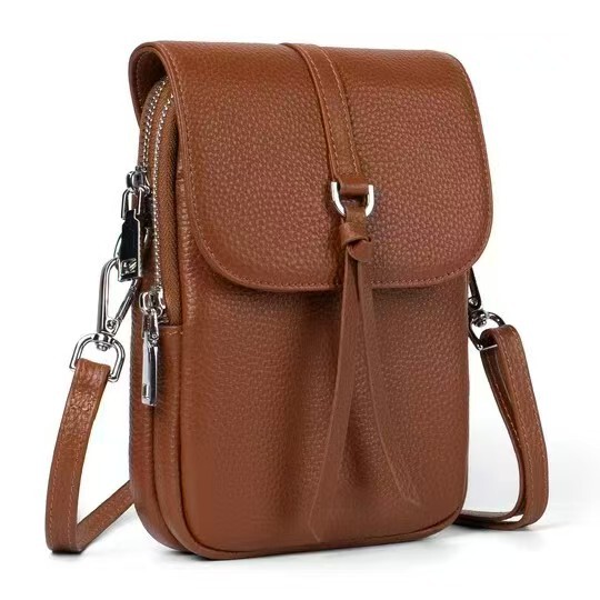 Amazon Cross-Border New Product First-Layer Genuine Leather Mobile Phone Bag Crossbodybag Multi-Compartment Single Shoulder Crossbody Bag for Women