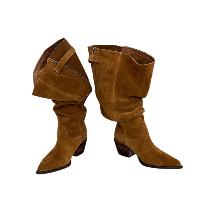 ハイヒールの大きい筒の周りの長靴の女性の2024年の秋冬の新型の鋭いギャルの西部のカウボーイの靴の太いです。