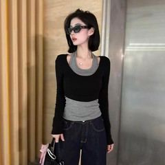 大码胖mm早秋季撞色显瘦套装挂脖背心长袖T恤气质百搭上衣两件套