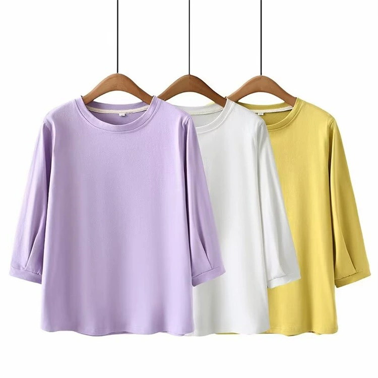 Женский Топ больших размеров 2024, Весенняя новая стильная простая Универсальная футболка с круглым вырезом и рукавами 3/4, нижняя рубашка 281
