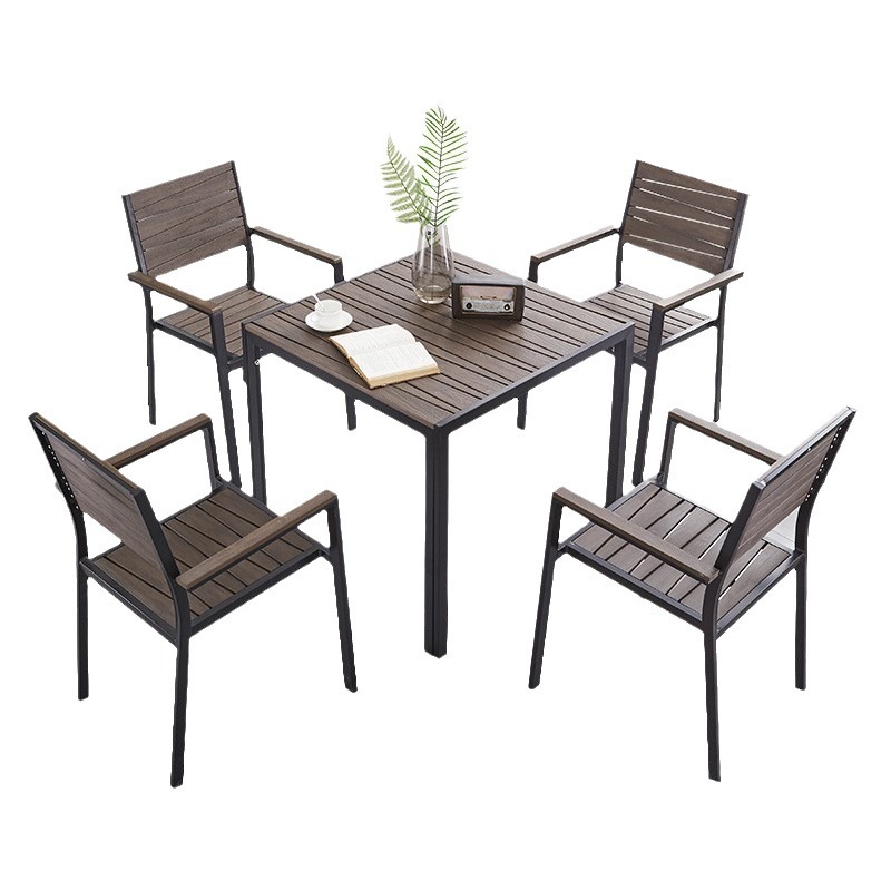Mesa y silla de ocio al aire libre patio jardín villa anticorrosivo al aire libre impermeable leche y té tienda de café mesa y silla de madera plástica combinación