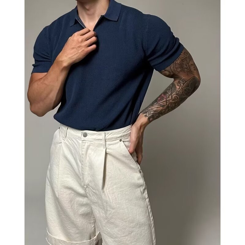 Polo de punto de manga corta para hombre con media cremallera, cuello tipo solapa, corte ajustado, camiseta de negocios, polo de media cremallera al por mayor para hombre