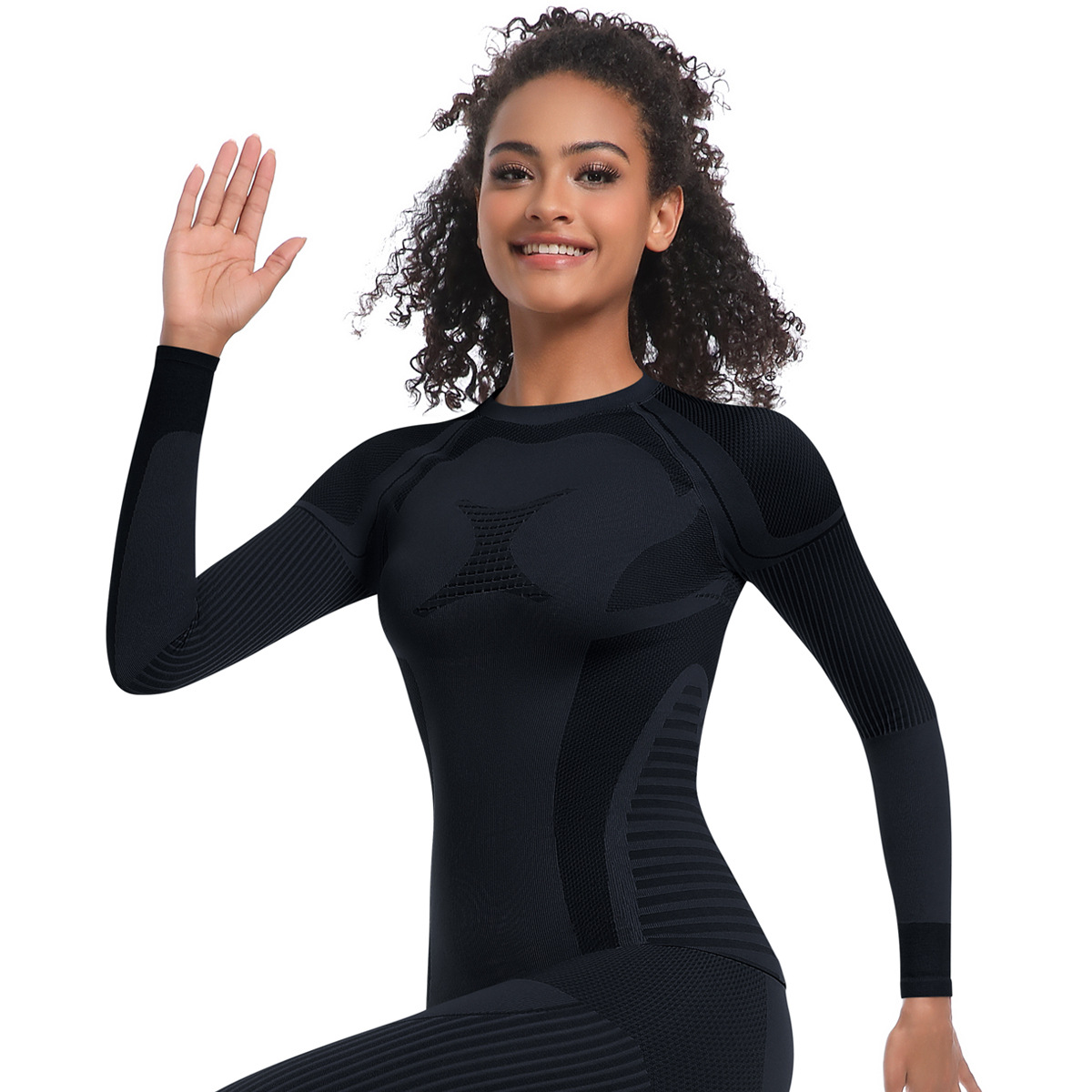 Neu Nahtlose Stricken Engen Hohe Elastische Ski Anzug Langarm Sport Laufen Fitness Yoga Top_voghion.com