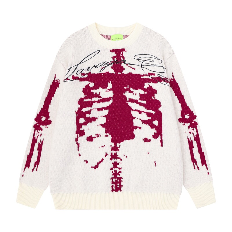 Tang Mu Trendsetter 2026 Autumn New Collection: National Trend Retro Skull Skeleton Floral Design Casual Loose-Fit Unisex Sweater Tang Mu Trendsetter 2026 Autumn New Collection: National Trend Retro Skull Skeleton Floral Design Casual Loose-Fit Unisex Sweater