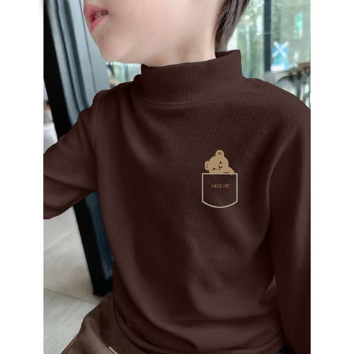 Y2556# Children's Fleece Half-Neck Base Layer Shirt Autumn/Winter Boys' Long-Sleeved T-Shirt for Older Kids and Teens, Fleece-Lined Warm Top t