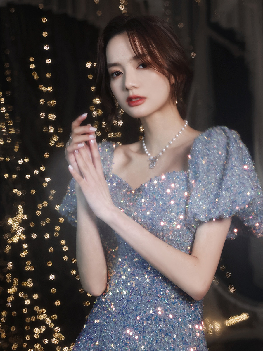 Vestido de noche con lentejuelas estilo ligero lujo nicho vestido femenino banquete elegante Socialite sentido transfronterizo anfitrión rendimiento vestido