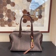 【手匠】高级老钱风进口彩条纹布拼马鞍皮维多利亚包大容量通勤包