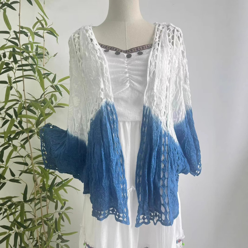 New Yunnan Dali Tie-Dye Lace Cardigan Jacket Short Shawl Loose Outer Shawl Bat Sleeve Air-Conditioning Shirt