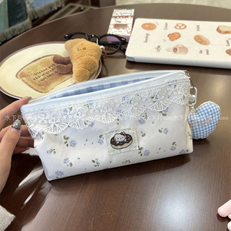 新しい弓レースピンク小花鉛筆バッグイン学生文具バッグ大容量ポータブル収納袋|undefined