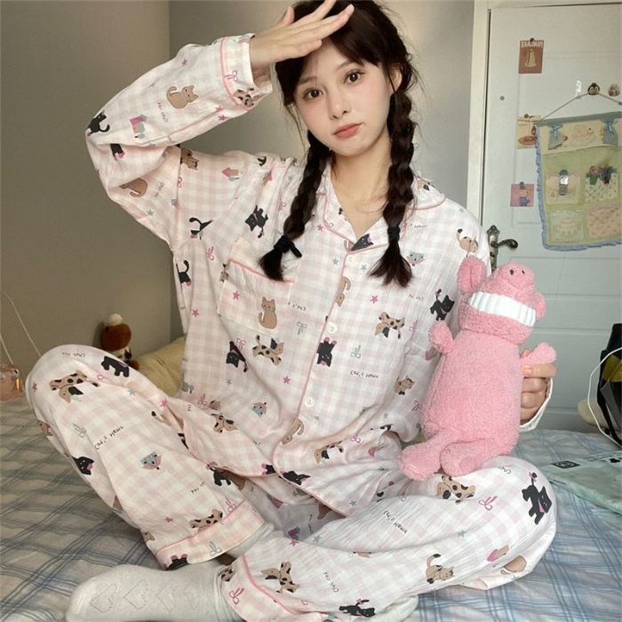 Al por mayor transfronterizo cien pijamas de verano mujeres 2025 nuevas nubes de algodón pantalones de manga larga dibujos animados lindos ropa para el hogar