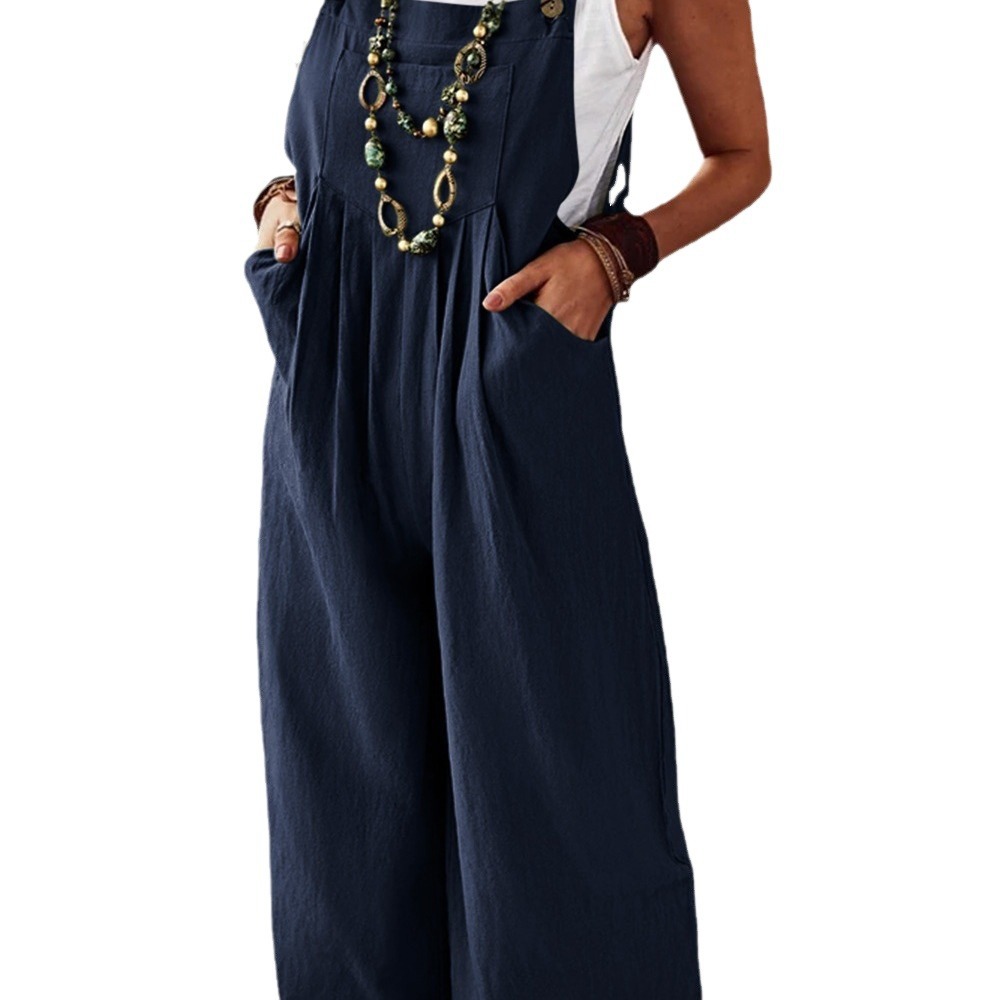 2024 deseo de las mujeres Amazon eBay engrosada algodón lino color sólido sin mangas bolsillo casual pierna ancha hebilla lateral mono