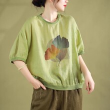 夏季新款文艺复古新款圆领五分袖T恤衫女银杏叶印花纯色苎麻上衣