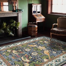 跨境代发复古美式乡村田园花卉鸟蓝色绿色客厅卧室防滑地毯地垫