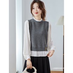 假两件衬衫拼接针织衫女2025秋季新款设计感超火减龄早秋长袖上衣