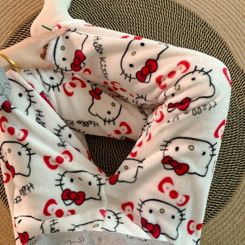 Pantalones de pijama de franela de dibujos animados de otoño y invierno para mujeres con pantalones de lana de coral caliente para estudiantes de lana de invierno para el hogar