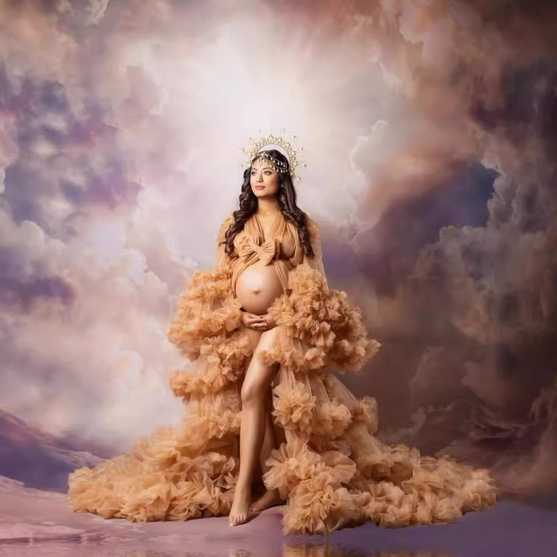 Hot Selling Golden Ruffled Pregnant Women's Photography Dress Women's Photography Dress Outer Draped Morning Gown Big Belly Soft Mesh Dress