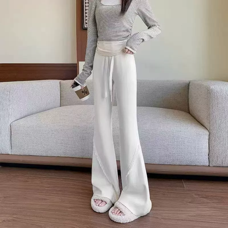 2025秋冬季新款流苏针织喇叭裤女松紧高腰显瘦阔腿垂感休闲长裤子
