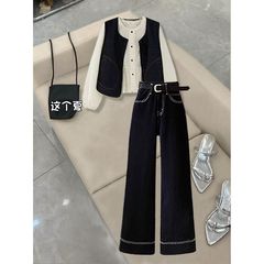 秋季一整套时尚穿搭女2025新款盐系气质马甲衬衫高腰牛仔裤三件套