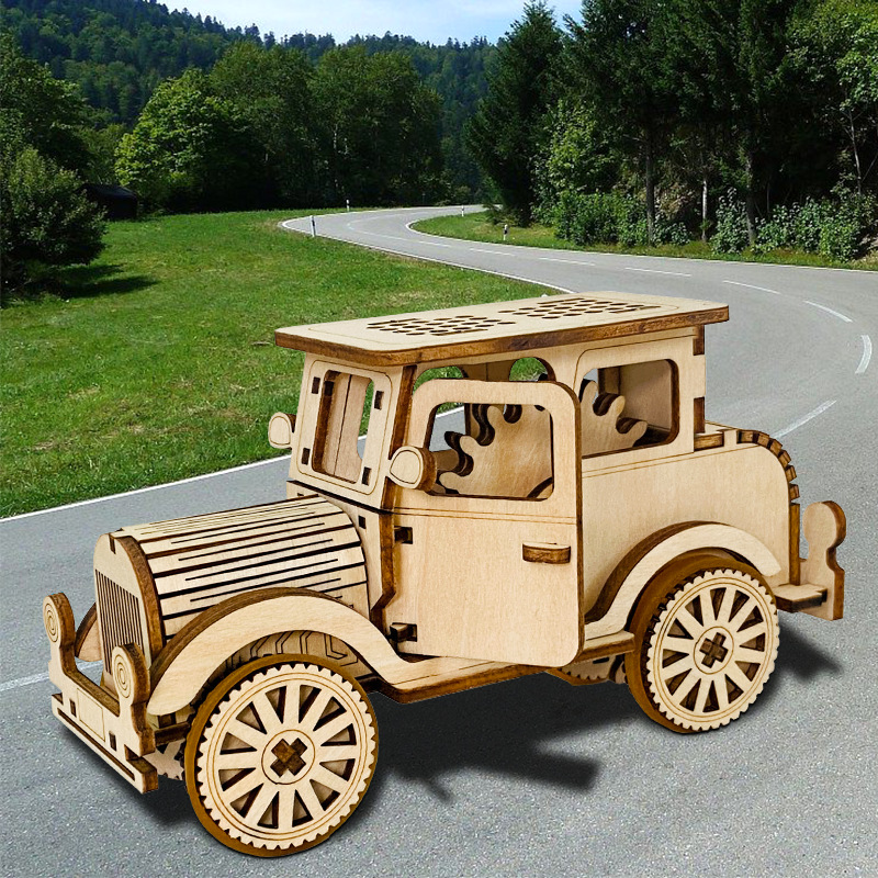 创意复古老爷车模型手工diy拼装玩具车木质立体拼图儿童拼装摆件