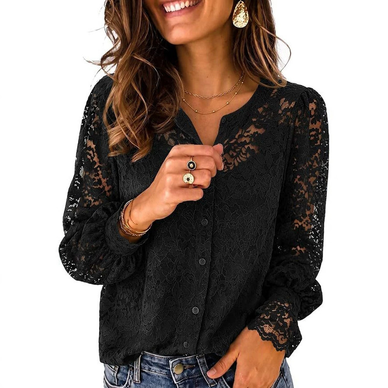 European and American cross-border Amazon 2026 autumn new elegant and stylish buttoned mesh lace hollow casual shirt European and American cross-border Amazon 2026 autumn new elegant and stylish buttoned mesh lace hollow casual shirt