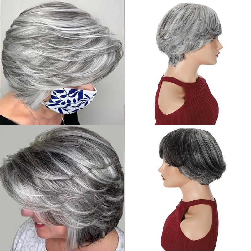 European and American Real Human Hair Wigs, Full Head Cover, Machine-Made Short Bob Style, Light Gray, Dark Gray, Cross-Border In-Stock, Fluffy European and American Real Human Hair Wigs, Full Head Cover, Machine-Made Short Bob Style, Light Gray, Dark Gray, Cross-Border In-Stock, Fluffy