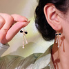 Black retro small earrings with bow from pearl, french style, Chanel style