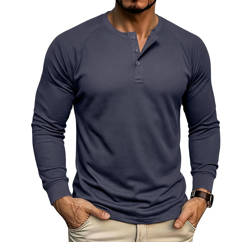2026 Fall/Winter Amazon Men's Long-Sleeve Henley Shirt Cross-Border Trade Basic Three-Button Henley T-Shirt