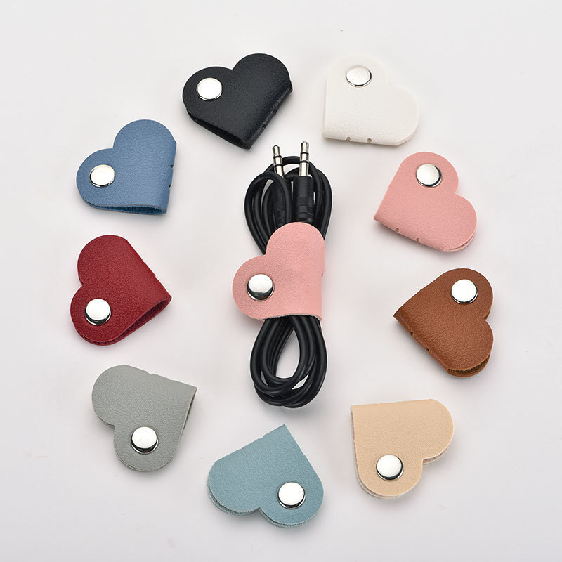 Spot Pu Leather Heart-Shaped Data Cable Organizer Headphone Cable Storage Anti-Winding Leather Organizer