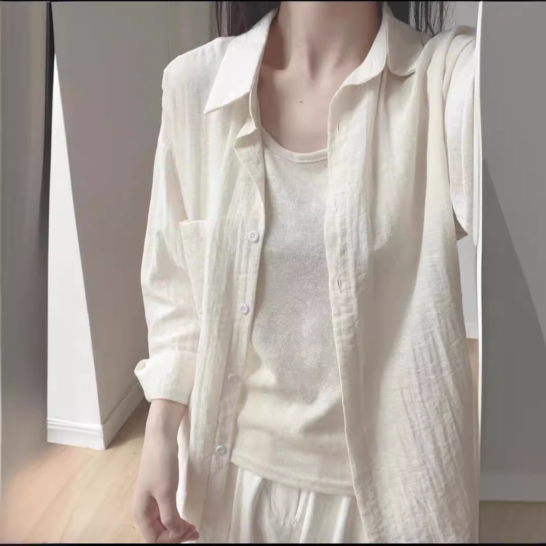 Looking forward to summer ~ French cotton and linen sunscreen shirt women's cotton and linen thin shirt high-grade anti-wrinkle long sleeve two-piece set