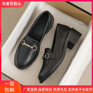 Genuine Leather Small Leather Shoes for Women 2025 Autum British Style Black High Heels Beanie Soft Sole Loafers Mid-Heel Work Shoes