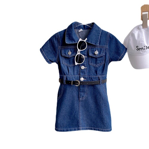 Girls' Skirt Double Pocket Collar Denim Dress Dress 24 Spring and Summer New Fashion Foreign Trade Children's Clothing Distribution 3-8 Years Old 